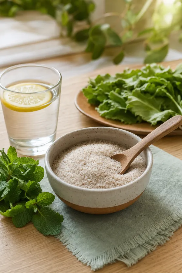 Psyllium husk in a bowl with a glass of water