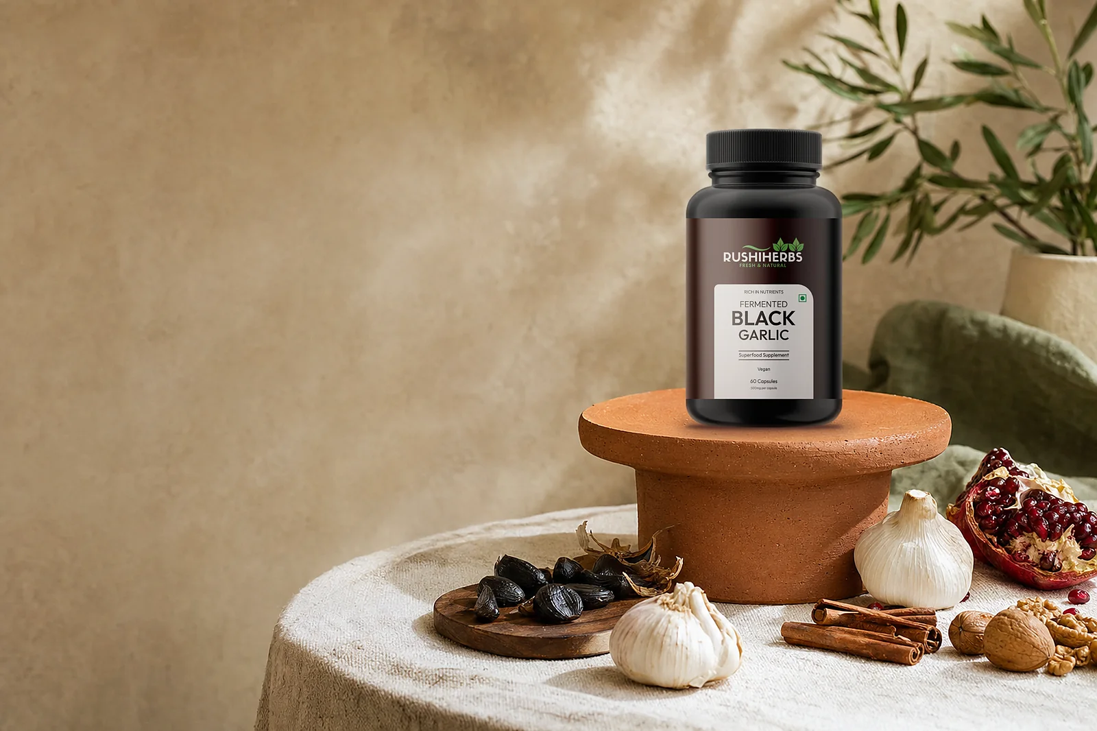 Rushi Herbs Fermented Black Garlic capsules with garlic bulbs and pomegranate