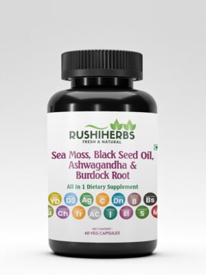 Rushi Herbs Sea Moss, Black Seed Oil, Ashwagandha & Burdock Root – Complete Wellness Blend for Immunity, Energy – 60 Vegan Capsules