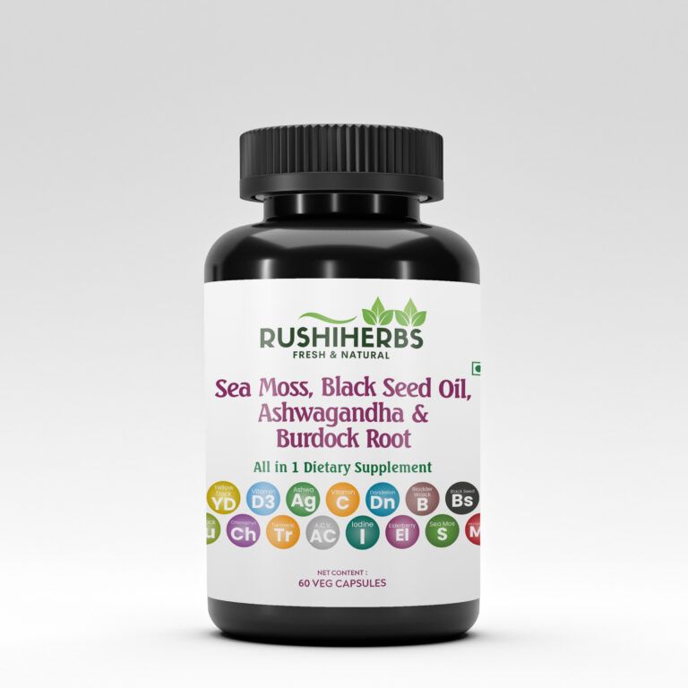 Rushi Herbs Sea Moss, Black Seed, Ashwagandha & Burdock Root Blend with Vitamin C & D3