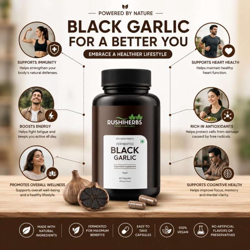 Fermented Black Garlic – Odorless Formula – Immune Support – 60 Vegan Capsules