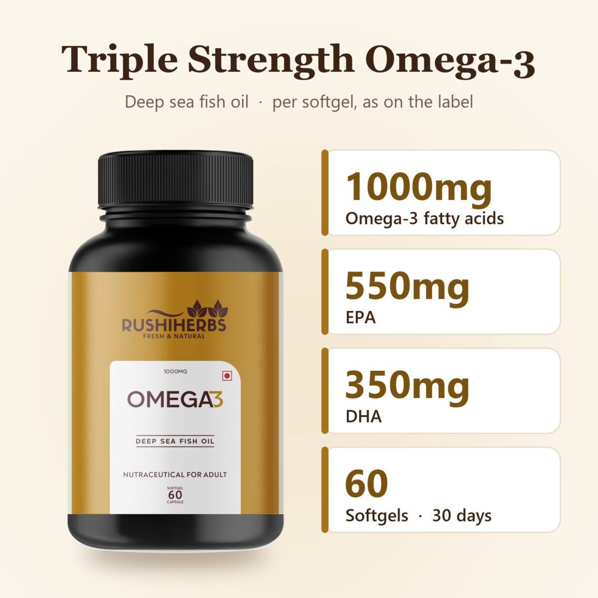 Rushi Herbs Omega-3 Fish Oil - 1000mg omega-3, 550mg EPA, 350mg DHA per softgel, 60 softgels