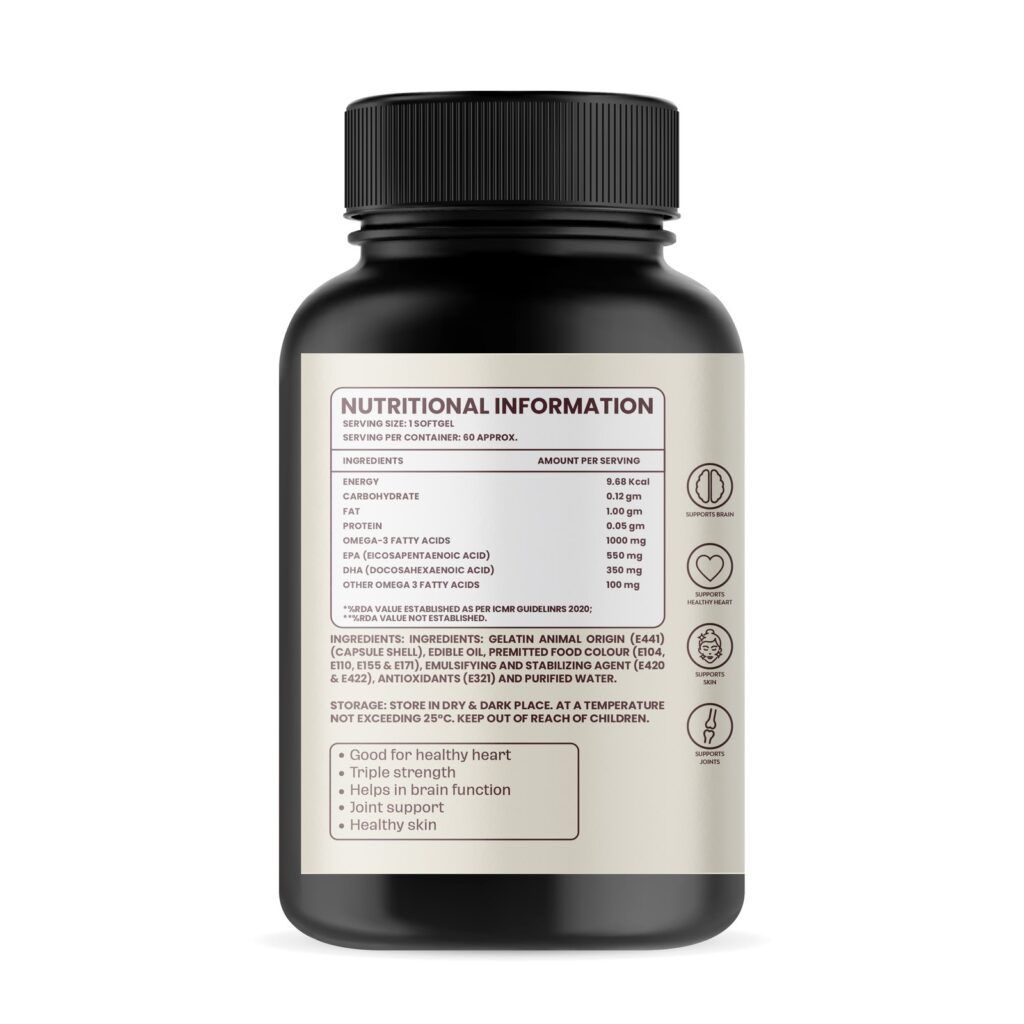 Nutritional information: omega-3 fatty acids 1000mg, EPA 550mg, DHA 350mg per softgel