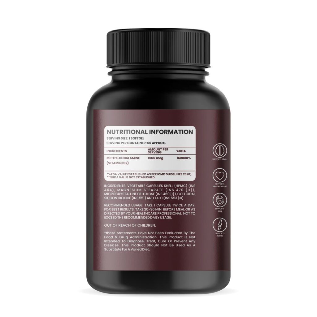 Nutritional information: methylcobalamin (vitamin B12) 1000mcg per capsule. Ingredients: HPMC capsule shell, magnesium stearate, microcrystalline cellulose, colloidal silicon dioxide, talc.