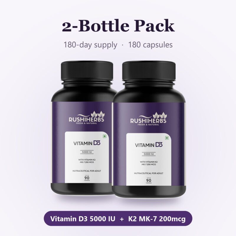 Rushi Herbs Vitamin D3 5000 IU with Vitamin K2 MK-7 200mcg - 90 Veg Capsules
