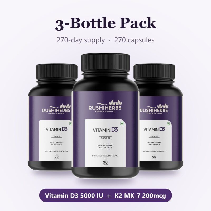 Rushi Herbs Vitamin D3 5000 IU with Vitamin K2 MK-7 200mcg - 90 Veg Capsules