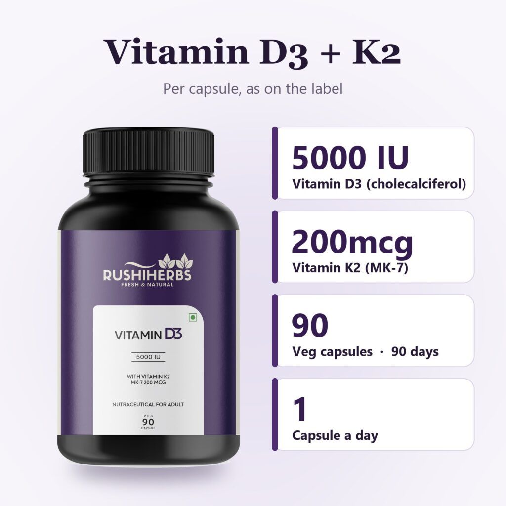 Per capsule: vitamin D3 (cholecalciferol) 5000 IU, vitamin K2 (MK-7) 200mcg. 90 veg capsules, 1 capsule a day.